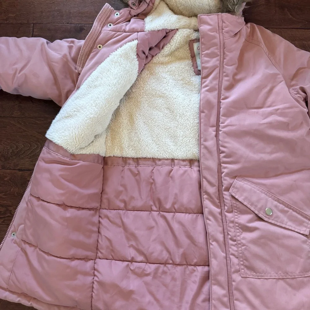 Cat & Jack Girls Pink Parka Jacket Faux Fur Hood Sherpa Lined Winter Coat Size 8